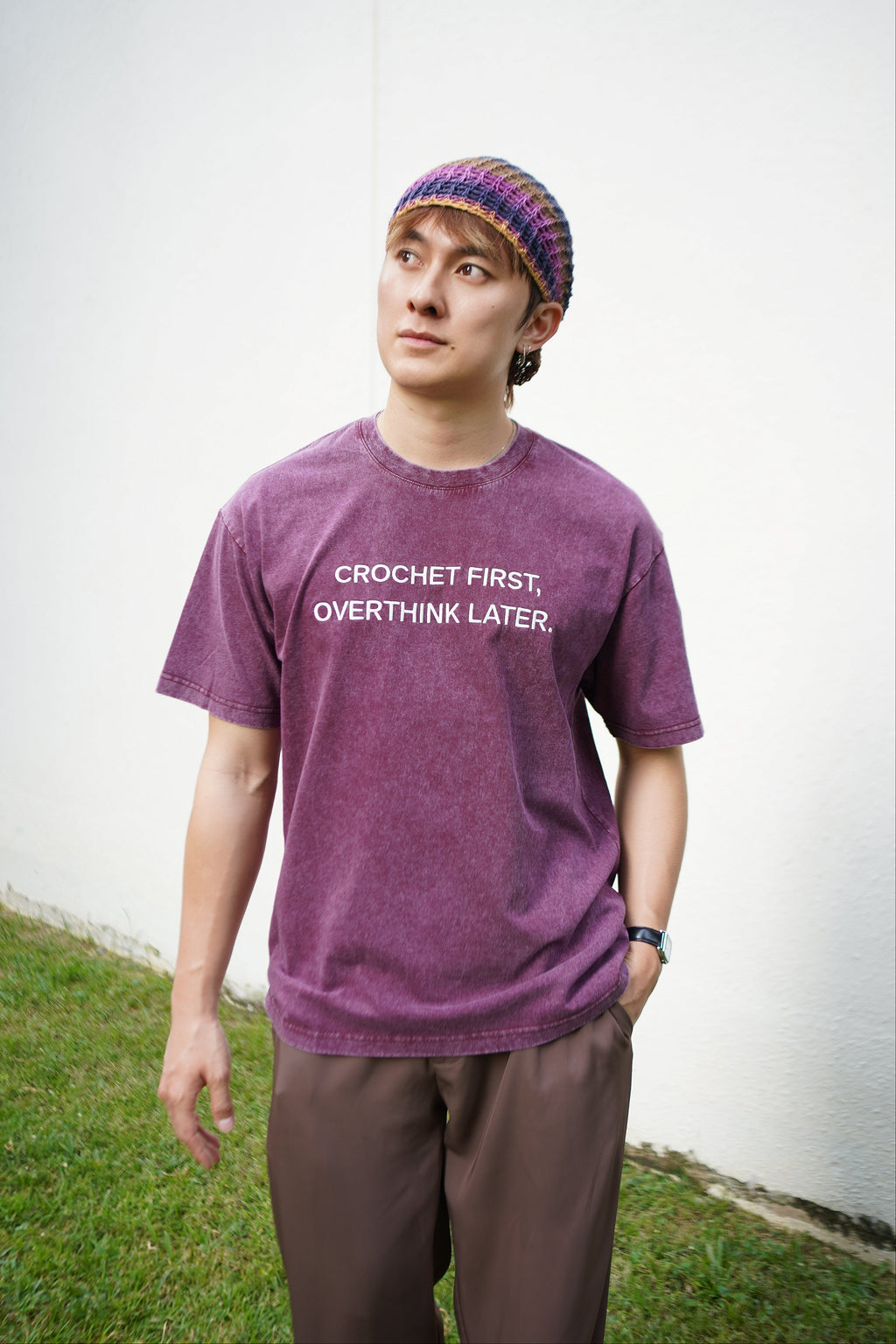 CROCHET FIRST, OVERTHINK LATER Tee in Burgundy Acid