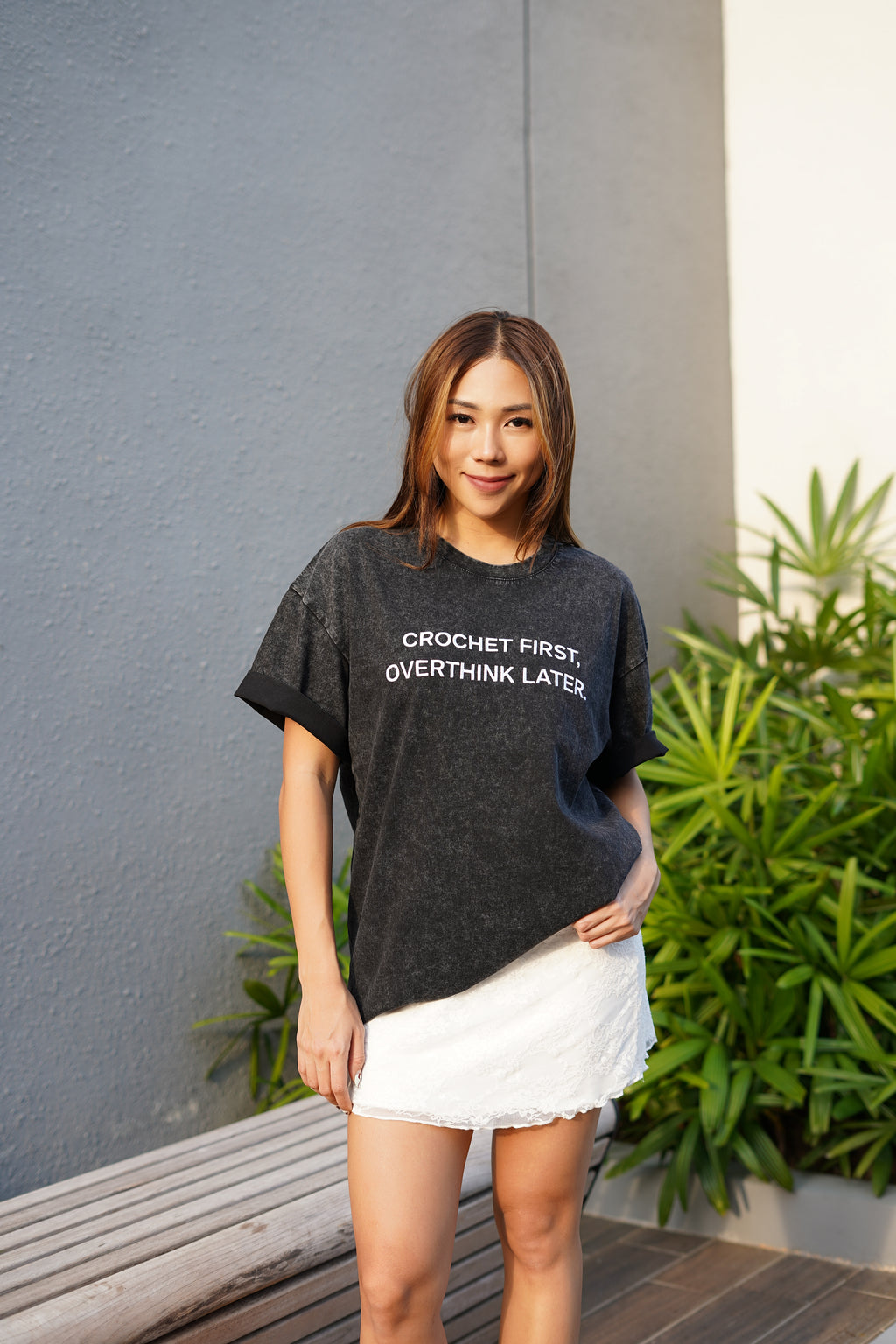 CROCHET FIRST, OVERTHINK LATER Tee in Black Acid