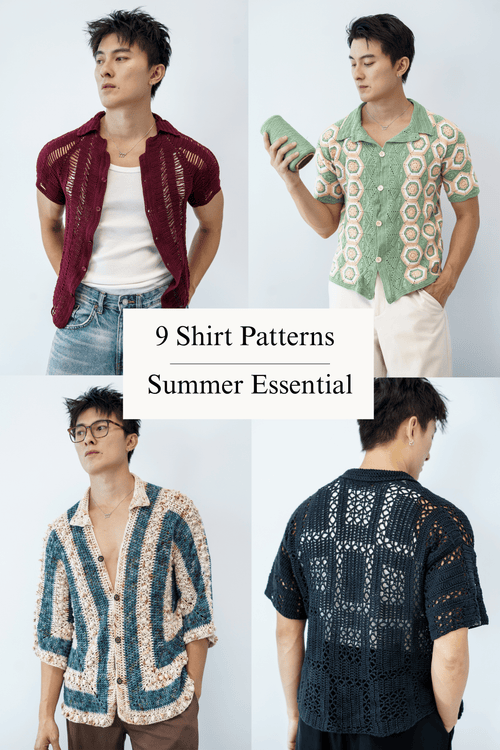 Collage of men wearing different crochet shirt patterns with text '9 Shirt Patterns Summer Essential'.